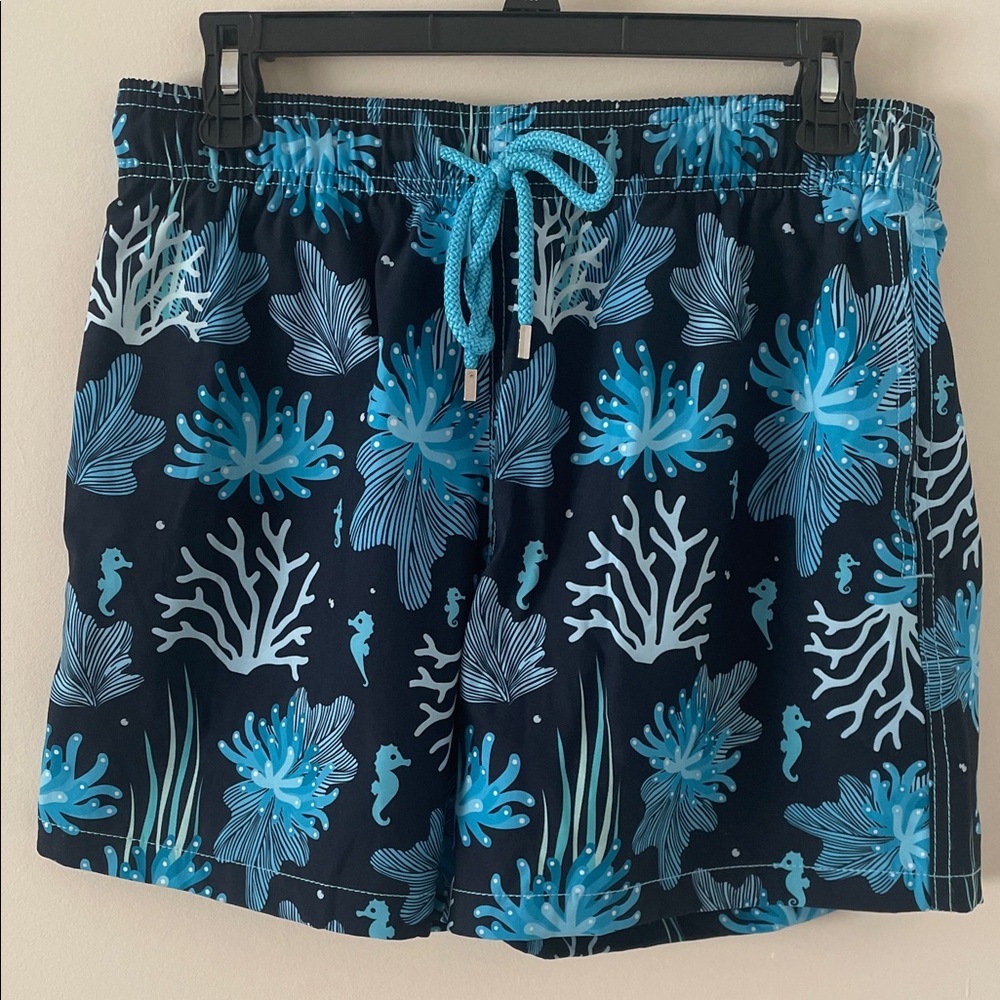 Oceanic Blue Men's Swim Trunks with Coral Design